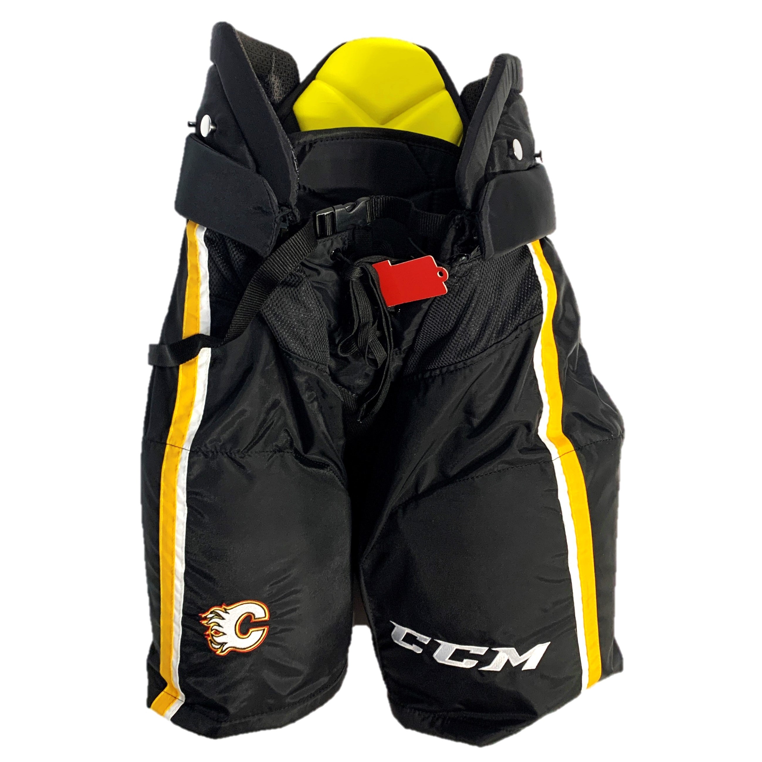 Pantalon de hockey CCM HPTK Pro Stock – Flames de Calgary (LNH) – Noir/Blanc/Jaune